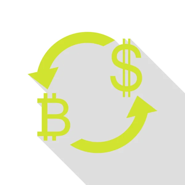 Signo de cambio de divisas. Bitcoin y dólar estadounidense. Icono de pera con camino de sombra de estilo plano . — Vector de stock