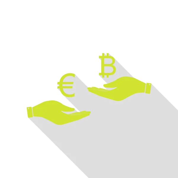 Valutawissel van hand in hand. Euro een Bitcoin. PEAR pictogram met vlakke stijl schaduw pad. — Stockvector