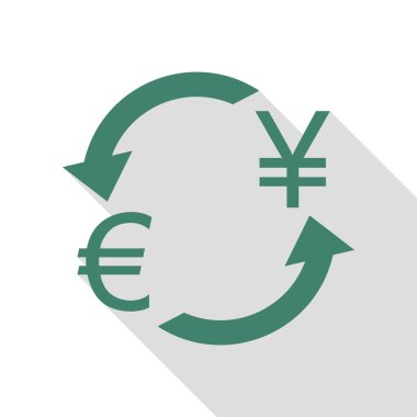 Döviz Alım Satım işareti. Avrupa ve Japonya Yen. Veridian simgesi düz stil gölge yolu ile.