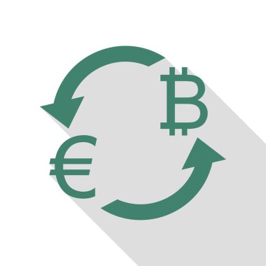 Döviz Alım Satım işareti. Euro ve Bitkoin. Veridian simgesi düz stil gölge yolu ile.