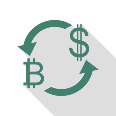 Döviz Alım Satım işareti. Bitcoin ve ABD Doları. Veridian simgesi düz stil gölge yolu ile.
