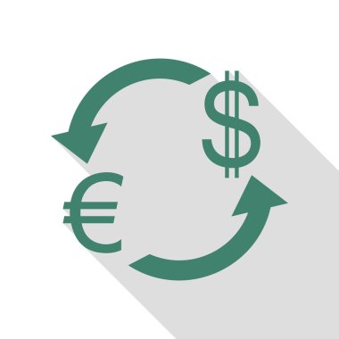 Döviz Alım Satım işareti. Euro ve ABD Doları. Veridian simgesi düz stil gölge yolu ile.