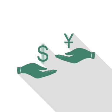 El el üzerinden Döviz Alım Satım. Dolar ve Yuan. Veridian simgesi düz stil gölge yolu ile.