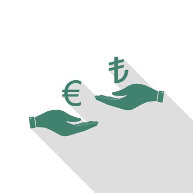 El el üzerinden Döviz Alım Satım. Euro ve Lirası. Veridian simgesi düz stil gölge yolu ile.