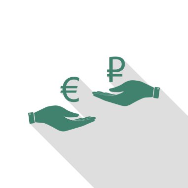 El el üzerinden Döviz Alım Satım. Euro ve Rublesi. Veridian simgesi düz stil gölge yolu ile.