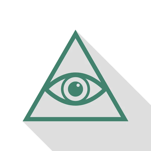 Tous voyant le symbole de la pyramide des yeux. Franc-maçon et spirituel. Icône Veridian avec chemin d'ombre de style plat . — Image vectorielle