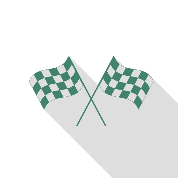 Cruzado a cuadros banderas logotipo ondeando en el viento conceptual del deporte del motor. Icono de verificación con camino de sombra de estilo plano . — Vector de stock