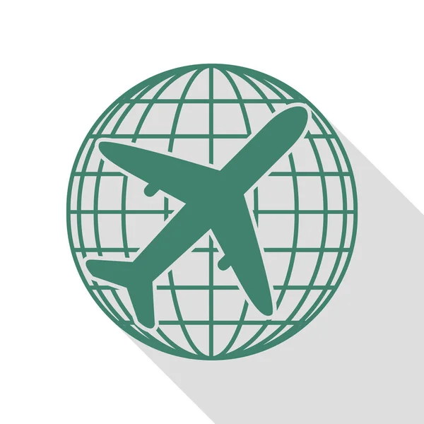 Globus und Flugzeug Reiseschild. Veridiansymbol mit flachem Schattenpfad. — Stockvektor