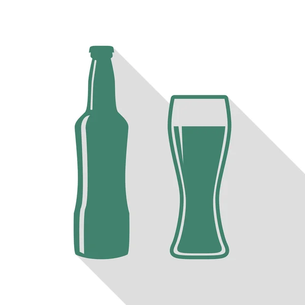 Bier fles teken. Veridian pictogram met vlakke stijl schaduw pad. — Stockvector