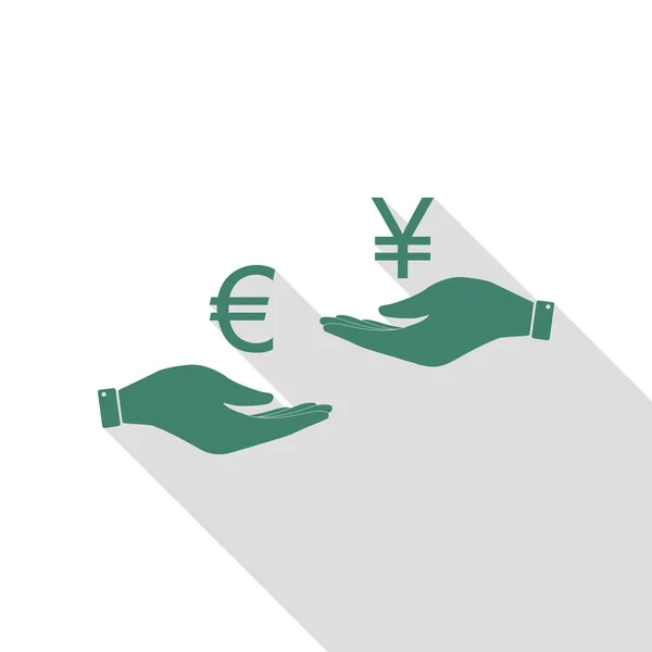 Currency exchange from hand to hand. Euro and Yen. Veridian icon with flat style shadow path. — Stock Vector