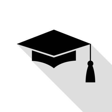 Harç kurulu veya Mezuniyet Cap, eğitim sembolü. Düz stil gölge yolu ile siyah simgesi.