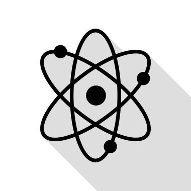 Atom işareti illüstrasyon. Düz stil gölge yolu ile siyah simgesi.