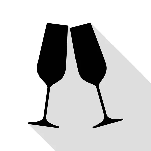 Copas de champán espumosas. Icono negro con camino de sombra de estilo plano . — Vector de stock
