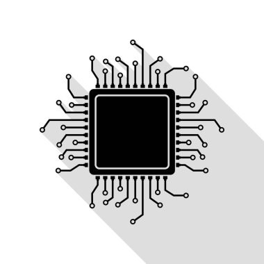 CPU mikroişlemci illüstrasyon. Düz stil gölge yolu ile siyah simgesi.