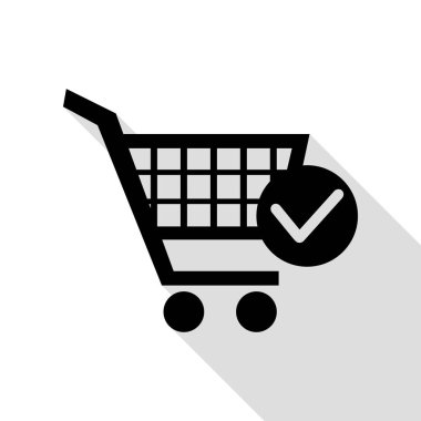 Onay işareti işareti ile alışveriş sepeti. Düz stil gölge yolu ile siyah simgesi.