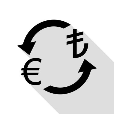 Döviz Alım Satım işareti. Euro ve Türkiye Lirası. Düz stil gölge yolu ile siyah simgesi.