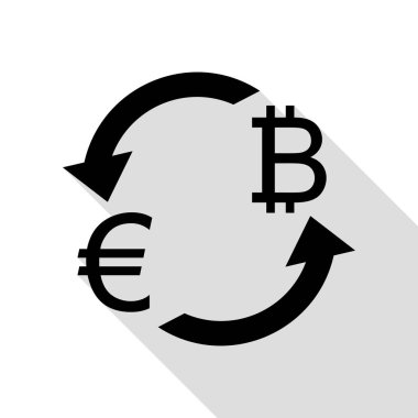Döviz Alım Satım işareti. Euro ve Bitkoin. Düz stil gölge yolu ile siyah simgesi.