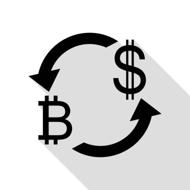 Döviz Alım Satım işareti. Bitcoin ve ABD Doları. Düz stil gölge yolu ile siyah simgesi.