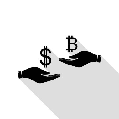 El el üzerinden Döviz Alım Satım. Dolar ve Bitcoin. Düz stil gölge yolu ile siyah simgesi.