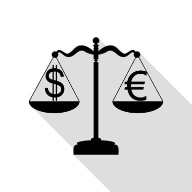 Adalet Döviz Alım Satım işaretiyle ölçekler. Düz stil gölge yolu ile siyah simgesi.