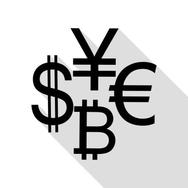 Para birimi koleksiyon Doları, euro, bitcoin, yen oturum açın. Düz stil gölge yolu ile siyah simgesi.