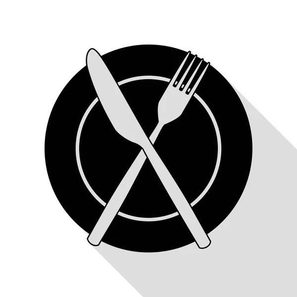 Forchetta, nastro adesivo e segno del coltello. Icona nera con percorso ombra in stile piatto . — Vettoriale Stock