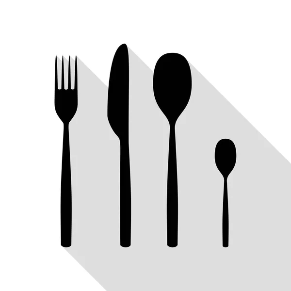 Cucchiaio a forchetta e segno del coltello. Icona nera con percorso ombra in stile piatto . — Vettoriale Stock