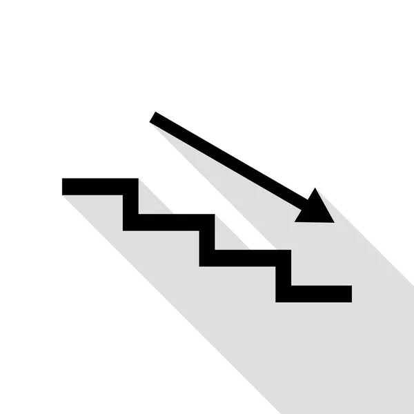 Treppe runter mit Pfeil. schwarzes Symbol mit flachem Schattenpfad. — Stockvektor