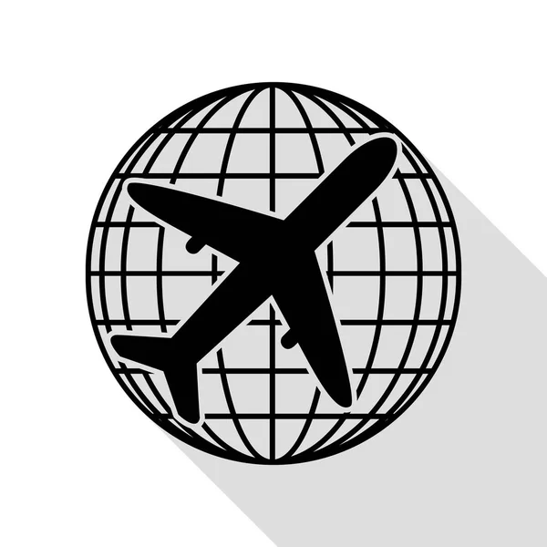Globus und Flugzeug Reiseschild. schwarzes Symbol mit flachem Schattenpfad. — Stockvektor