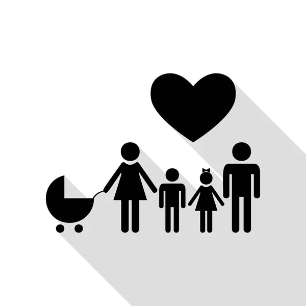 心と家族のサイン。夫と妻は、子供の手が保持されます。フラット スタイルのシャドウのパスと黒のアイコン. — ストックベクタ