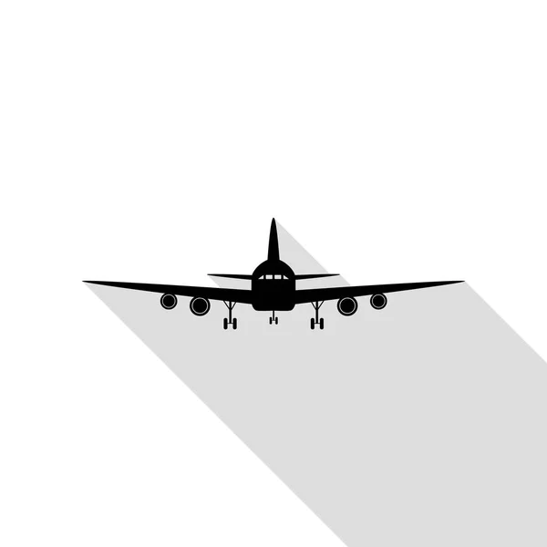 Знак літаючого літака. Вид спереду. Чорна піктограма з пласким стилем шляху тіні . — стоковий вектор