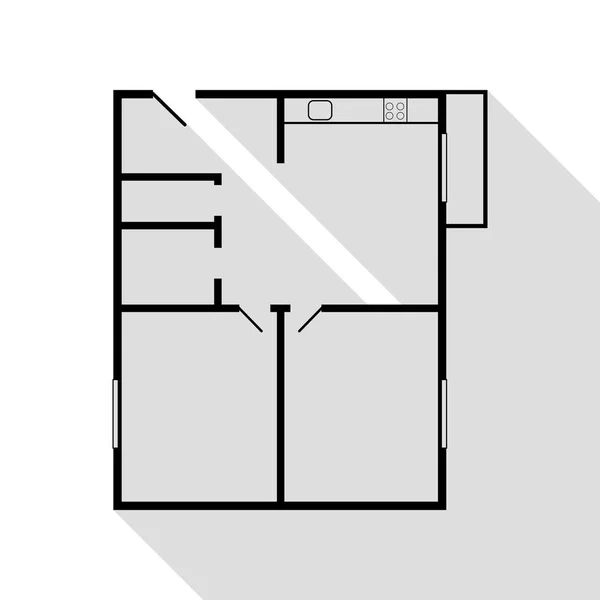 Wohnhaus Grundrisse. schwarzes Symbol mit flachem Schattenpfad. — Stockvektor