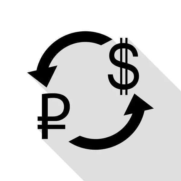 Valutaväxling, sign. Rubeln och oss Dollar svart ikon med platt stil skugga sökväg. — Stock vektor