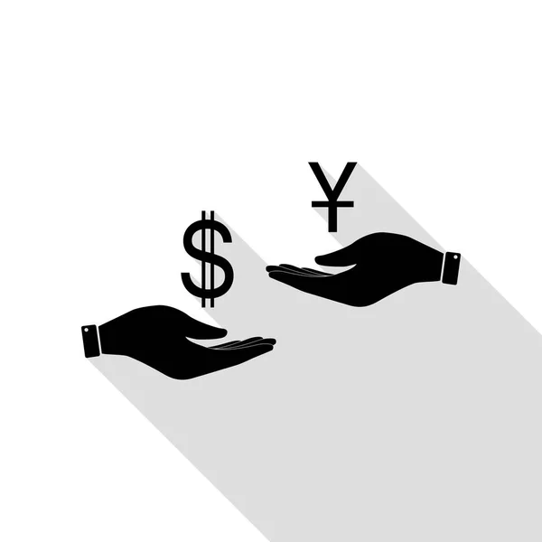 Currency exchange from hand to hand. Dollar and Yuan. Black icon with flat style shadow path. — Stock Vector