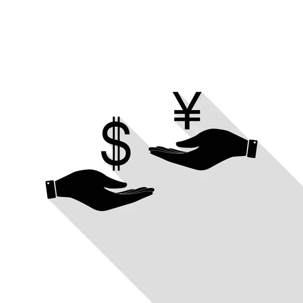 Currency exchange from hand to hand. Dollar and Yen. Black icon with flat style shadow path. — Stock Vector