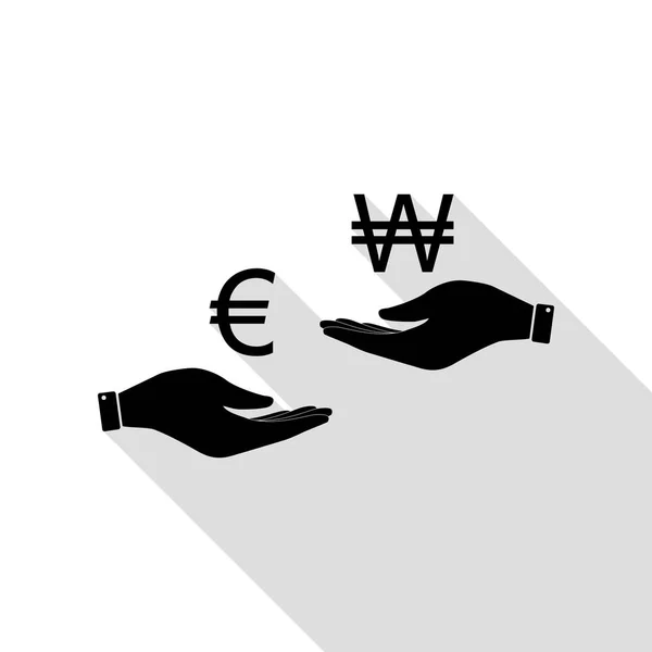 Currency exchange from hand to hand. Euro and Won. Black icon with flat style shadow path. — Stock Vector