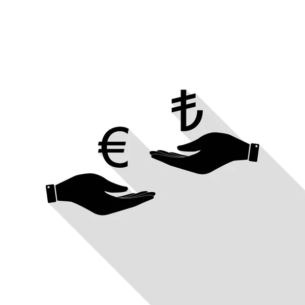 Schimbul valutar de la mână la mână. Euro şi Lira. Pictogramă neagră cu cale umbră în stil plat . — Vector de stoc