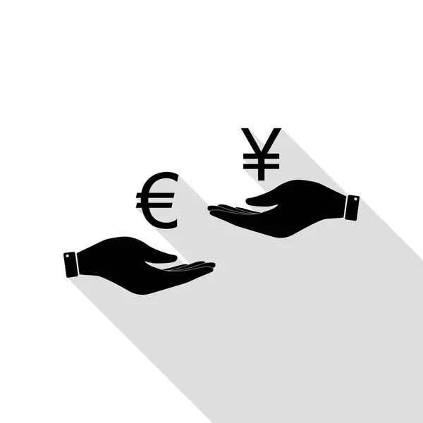Currency exchange from hand to hand. Euro and Yen. Black icon with flat style shadow path. — Stock Vector