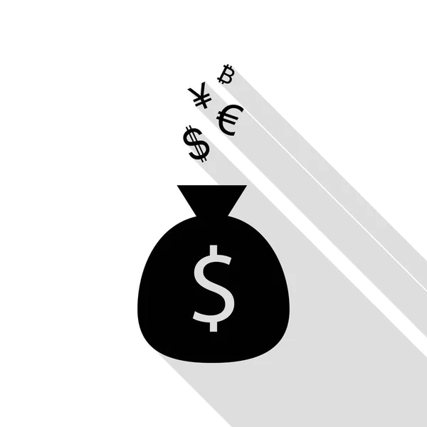 Signe de sac d'argent avec des symboles de devise. Icône noire avec chemin d'ombre de style plat . — Image vectorielle