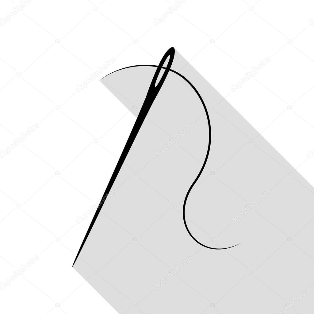 Needle with thread. Sewing needle, needle for sewing. Black icon with flat style shadow path.
