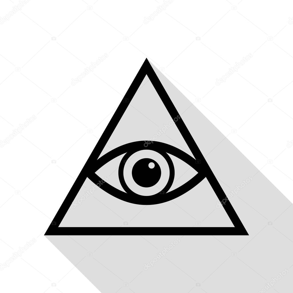 All seeing eye pyramid symbol. Freemason and spiritual. Black icon with flat style shadow path.