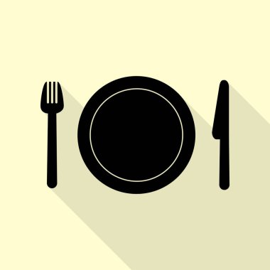 Çatal, plaka ve bıçak. Düz stil gölge yoluyla krem arka plan üzerinde siyah simgesi.