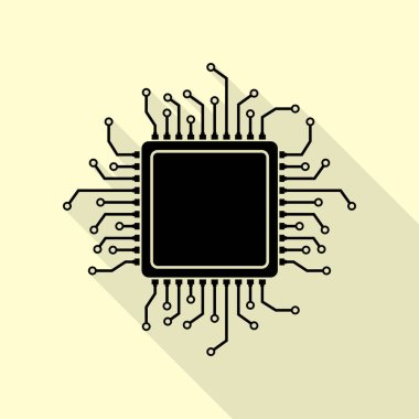 CPU mikroişlemci illüstrasyon. Düz stil gölge yoluyla krem arka plan üzerinde siyah simgesi.