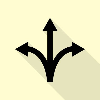 Three-way direction arrow sign. Black icon with flat style shadow path on cream background. clipart