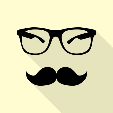 Bıyık ve gözlük işareti. Düz stil gölge yoluyla krem arka plan üzerinde siyah simgesi.