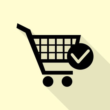 Onay işareti işareti ile alışveriş sepeti. Düz stil gölge yoluyla krem arka plan üzerinde siyah simgesi.