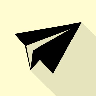 Kağıt Uçak işareti. Düz stil gölge yoluyla krem arka plan üzerinde siyah simgesi.