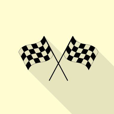 Damalı bayrak logosu motor sporları kavramsal rüzgarda sallayarak geçti. Düz stil gölge yoluyla krem arka plan üzerinde siyah simgesi.