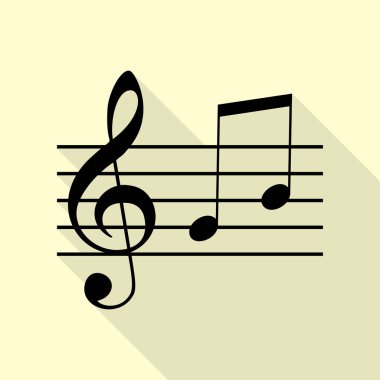 Müzik keman nota anahtarı işareti. G-nota anahtarı ve düz stil gölge yoluyla krem zemin üzerine notlar G, H. siyah simgesi.