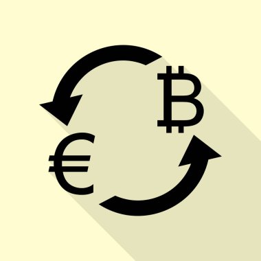 Döviz Alım Satım işareti. Euro ve Bitkoin. Düz stil gölge yoluyla krem arka plan üzerinde siyah simgesi.
